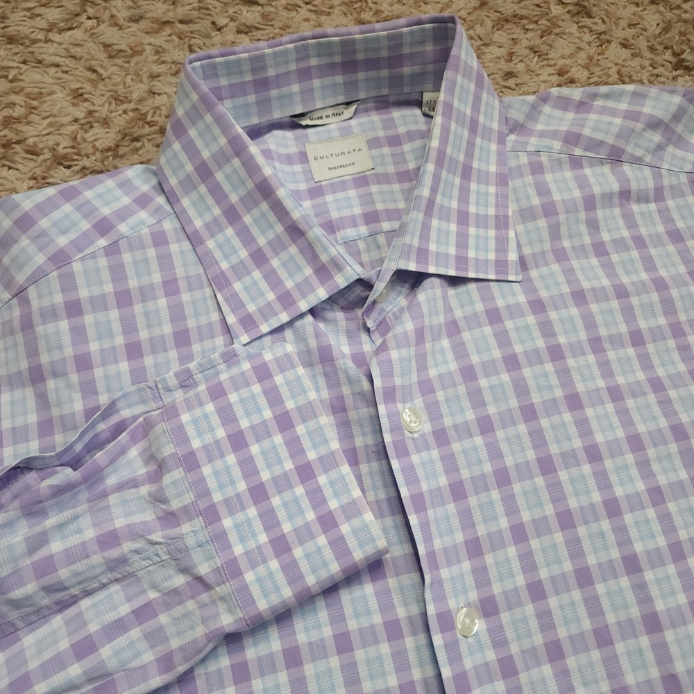 Culturata Tailored Fit Purple Plaid Mens XL 17.5 44 Long‎ Sleeve Button Up